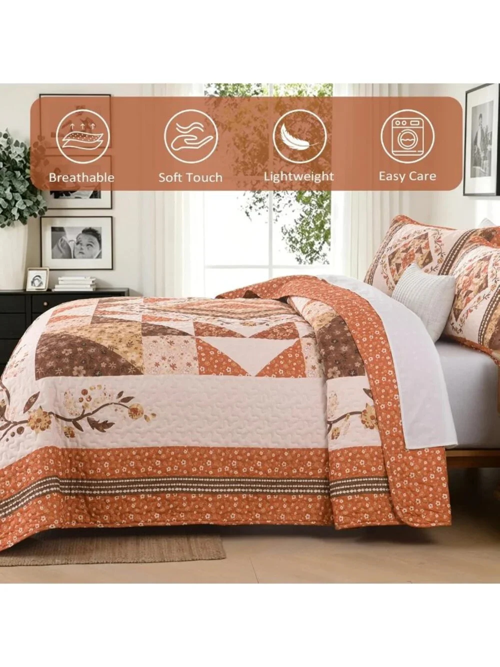 King Size Patchwork Quilt - Farmhouse Fall Bedspread in Vibrant Orange Design
